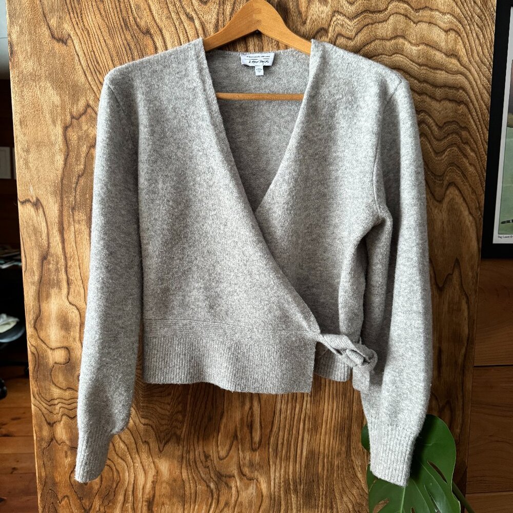 Cozy Grey Wrap Sweater With Balloon Sleeves, Womens Size Small